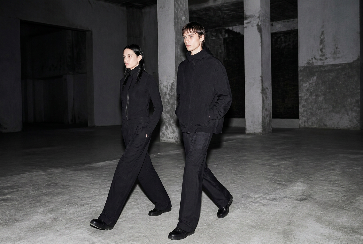 Two models walking through an empty industrial hall in all-black athleisure