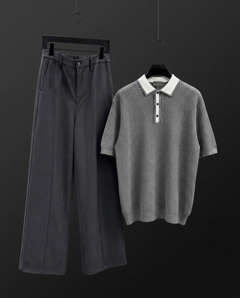 Grey Knit Collar Polo Set