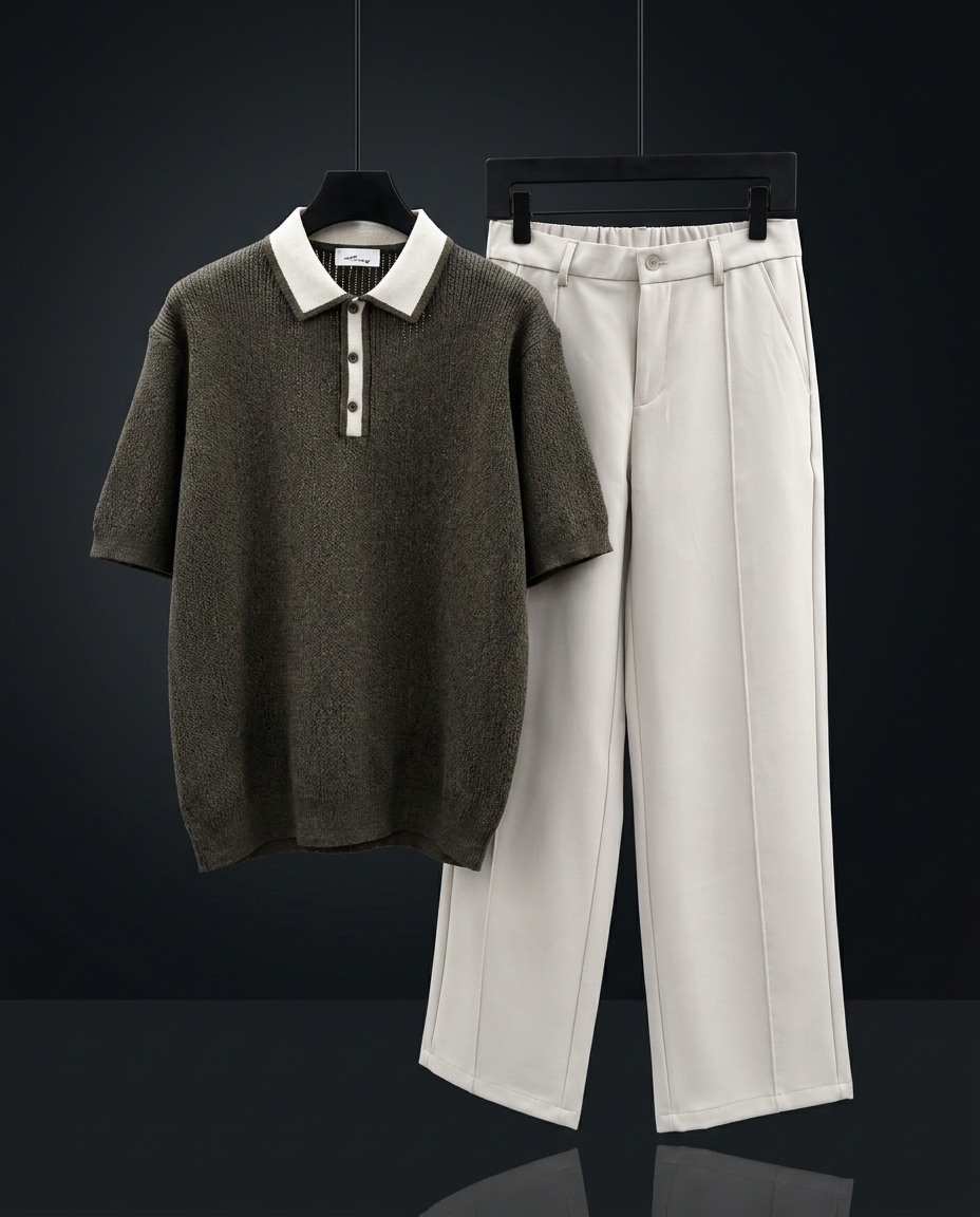 Olive Knit Collar Polo Set